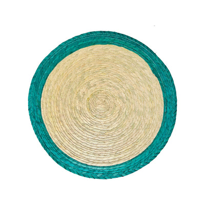 Round natural colored palm placemat with an evergreen border