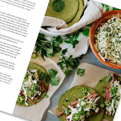 Inner page of book features a photo of tacos