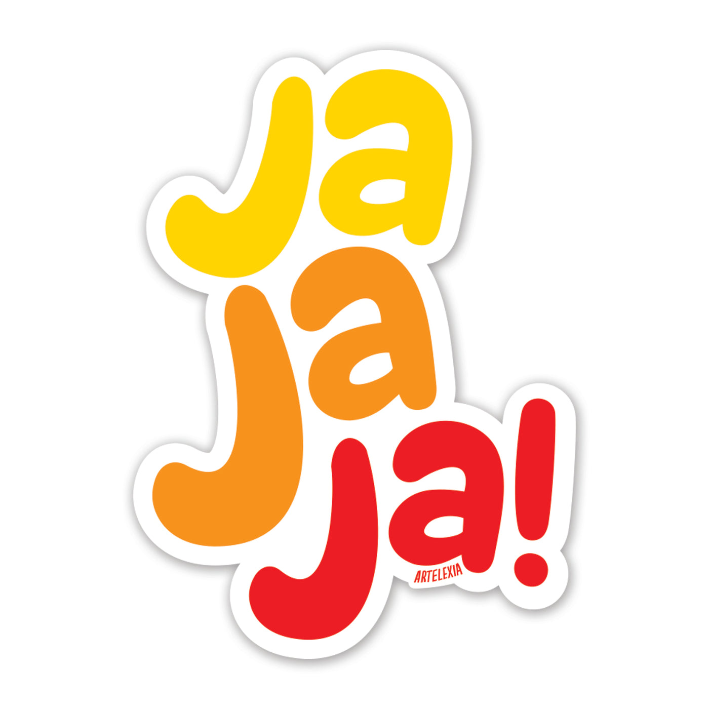 Sticker with the phrase Ja Ja Ja in orange, yellow and red lettering with a white background.