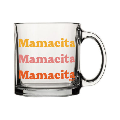 clear glass mug featuring the word Mamacita repeated 3 times in shades of yellow, pink & orange