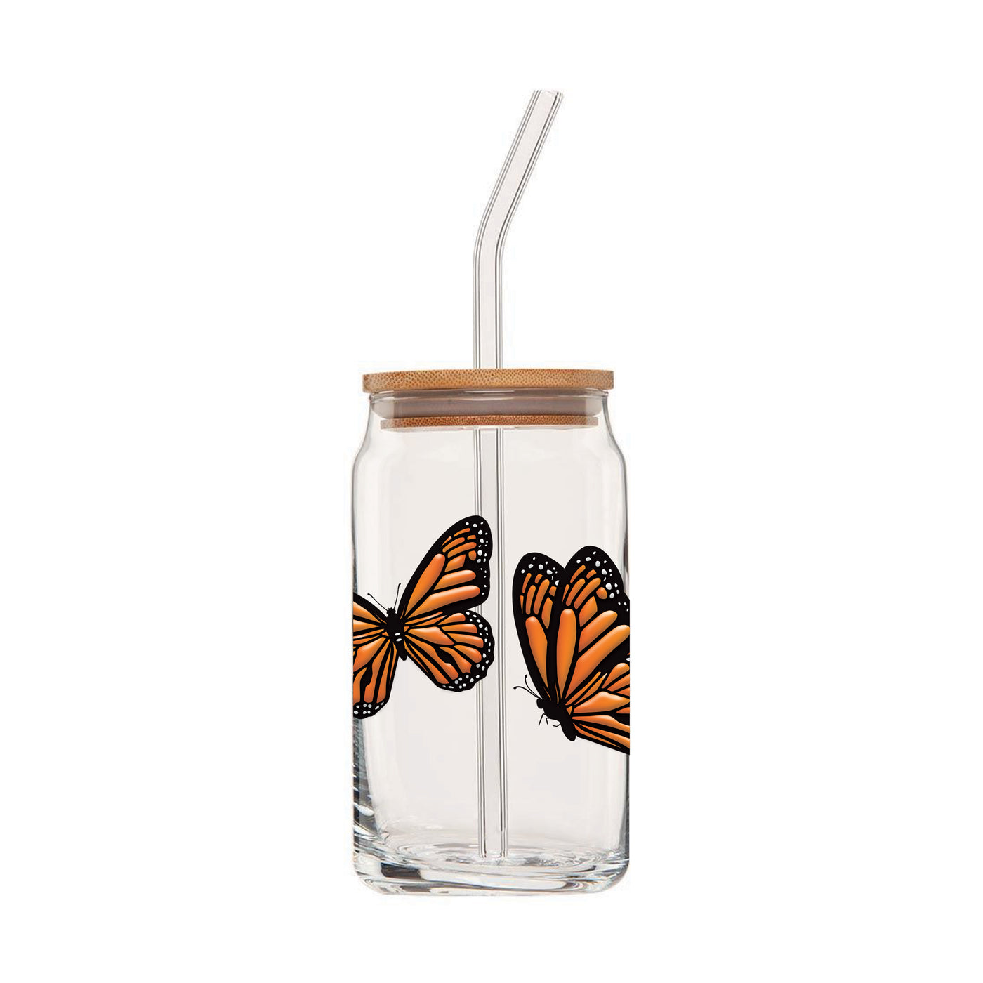 Clear can glass with an embossed wrap around design featuring four monarch butterflies & wooden lid and glass straw.