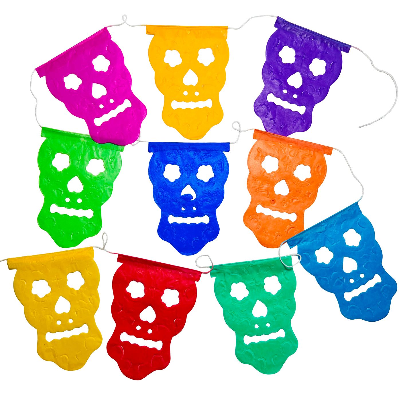 multicolor skull shaped papel picado tissue paper banners attached to a white string