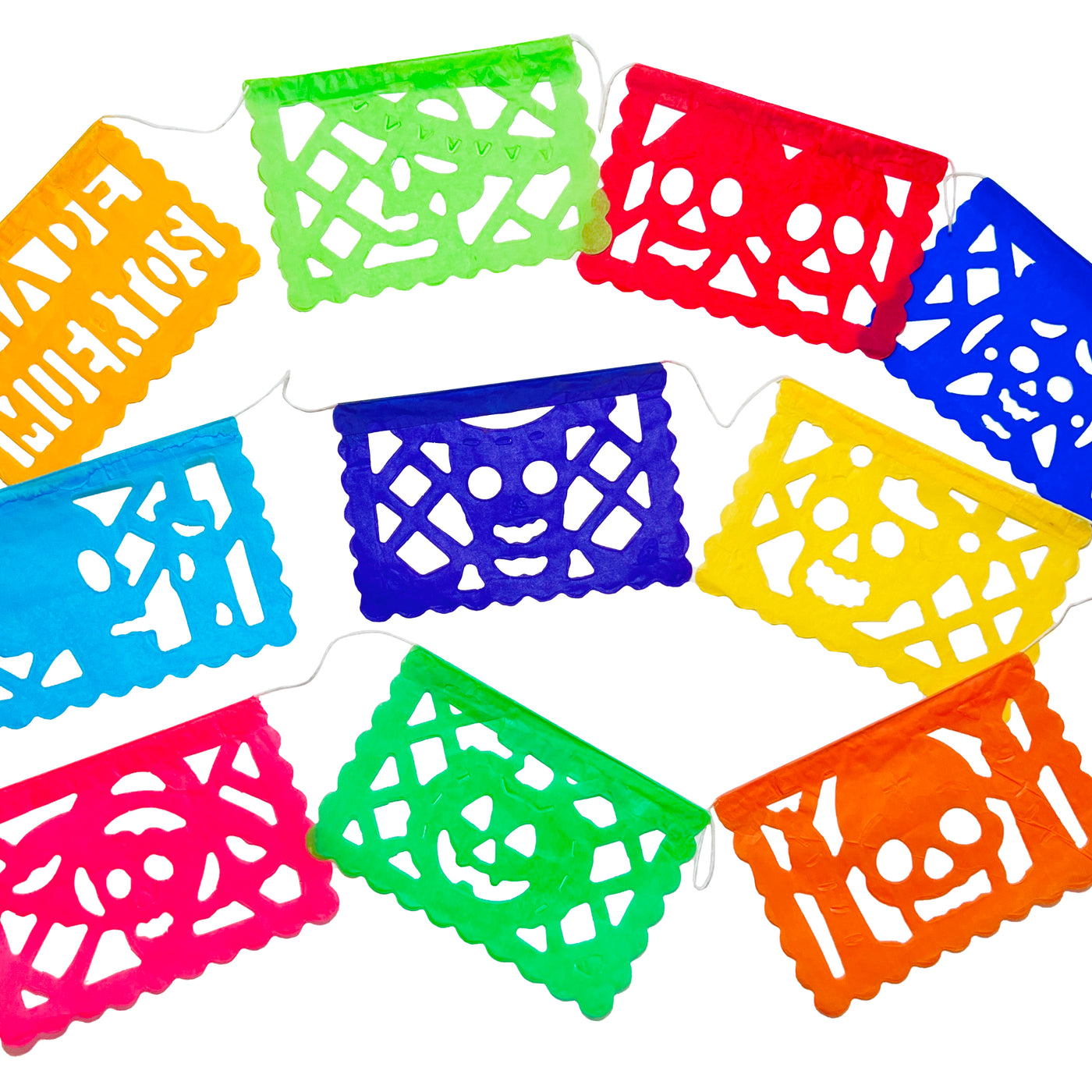 multicolor papel picado tissue paper flags attached to a white string with various designs including but not limited to skulls, jack-o-lanterns, candles, and phrases like "Dia de Muertos"