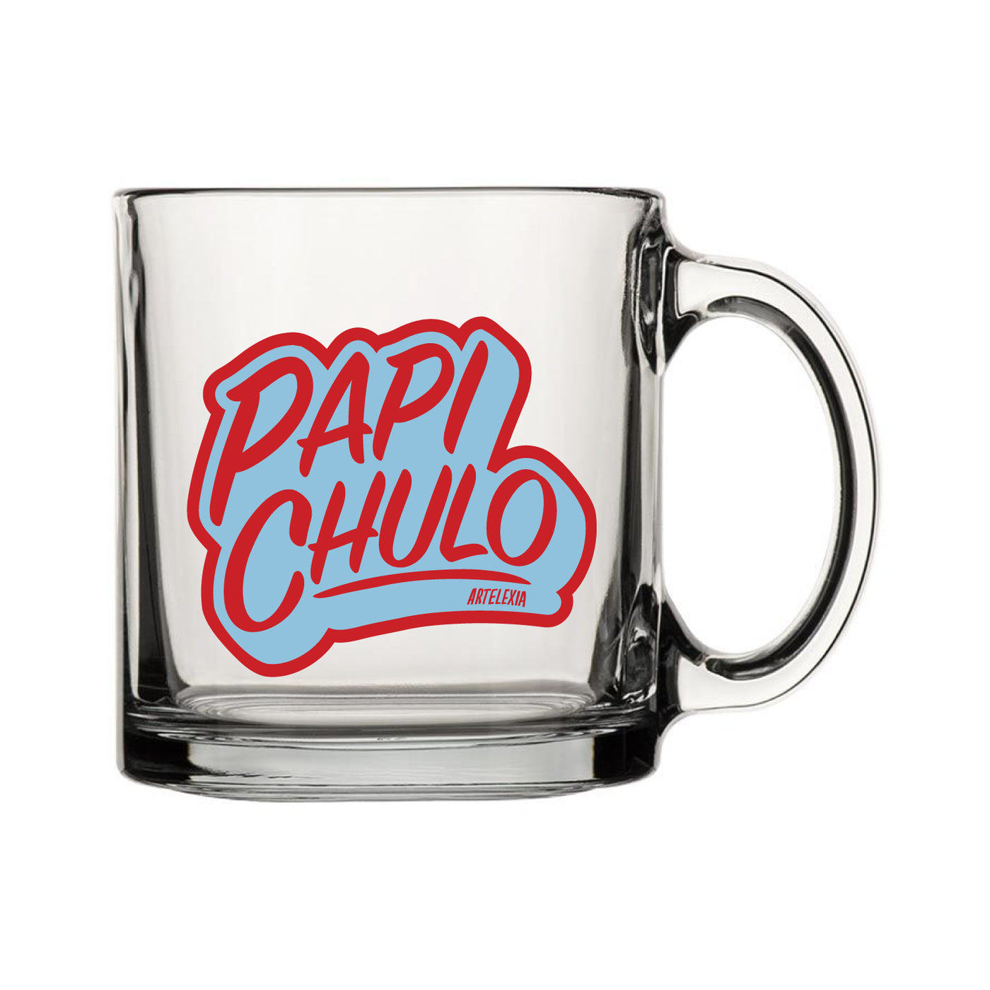 Clear glass mug with the phrase Papi Chulo in red lettering outlined in light blue.