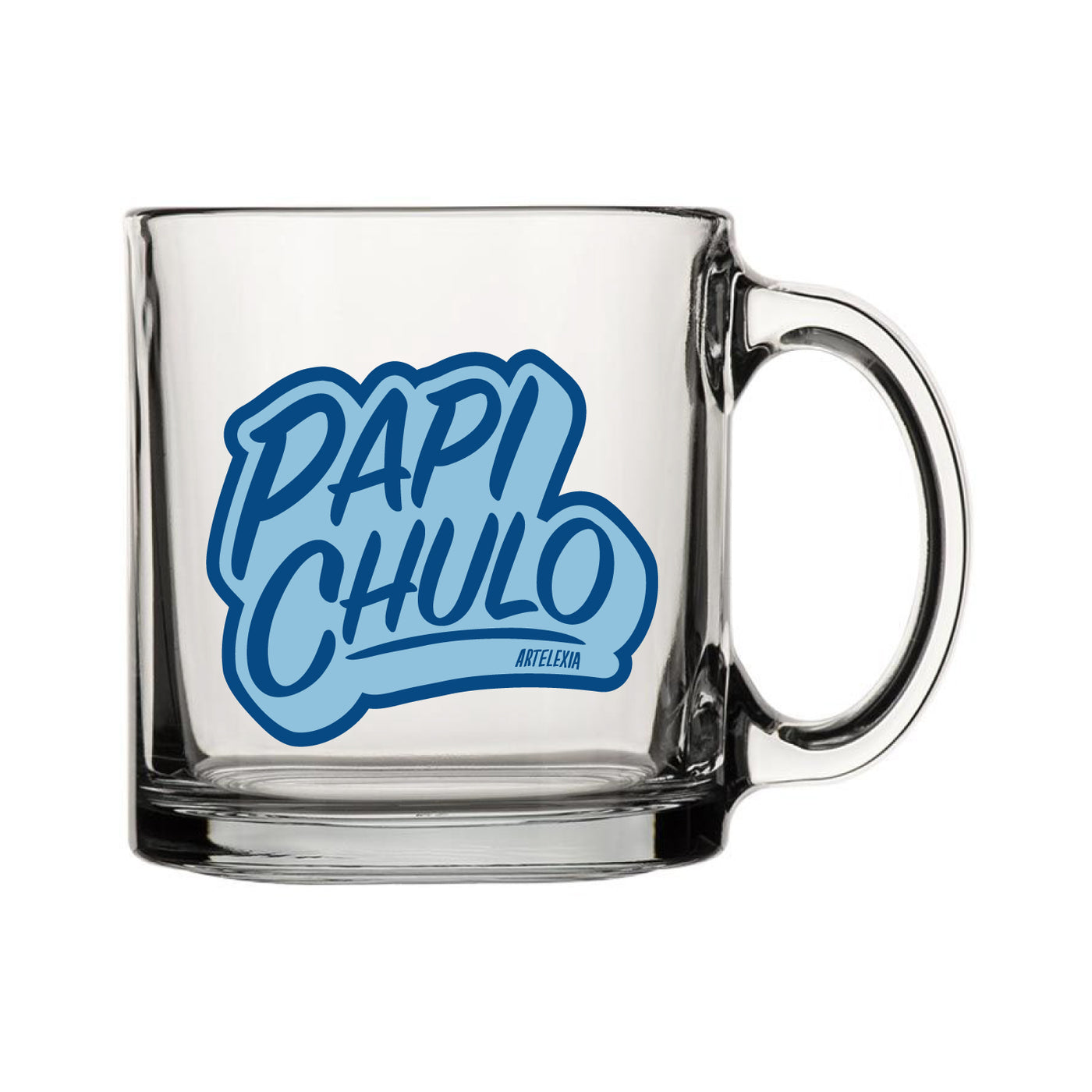 Clear glass mug with the phrase Papi Chulo in blue lettering outlined in light blue.