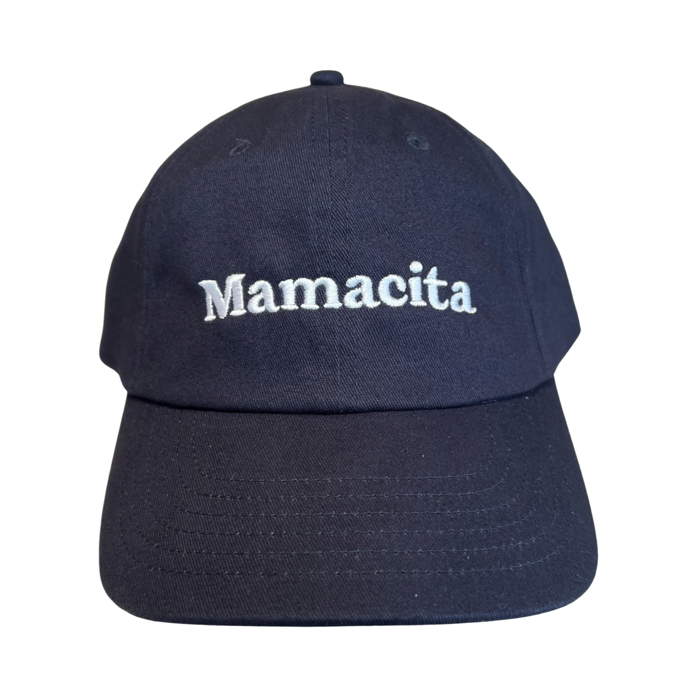front view of a navy blue hat with the phrase Mamacita in white lettering