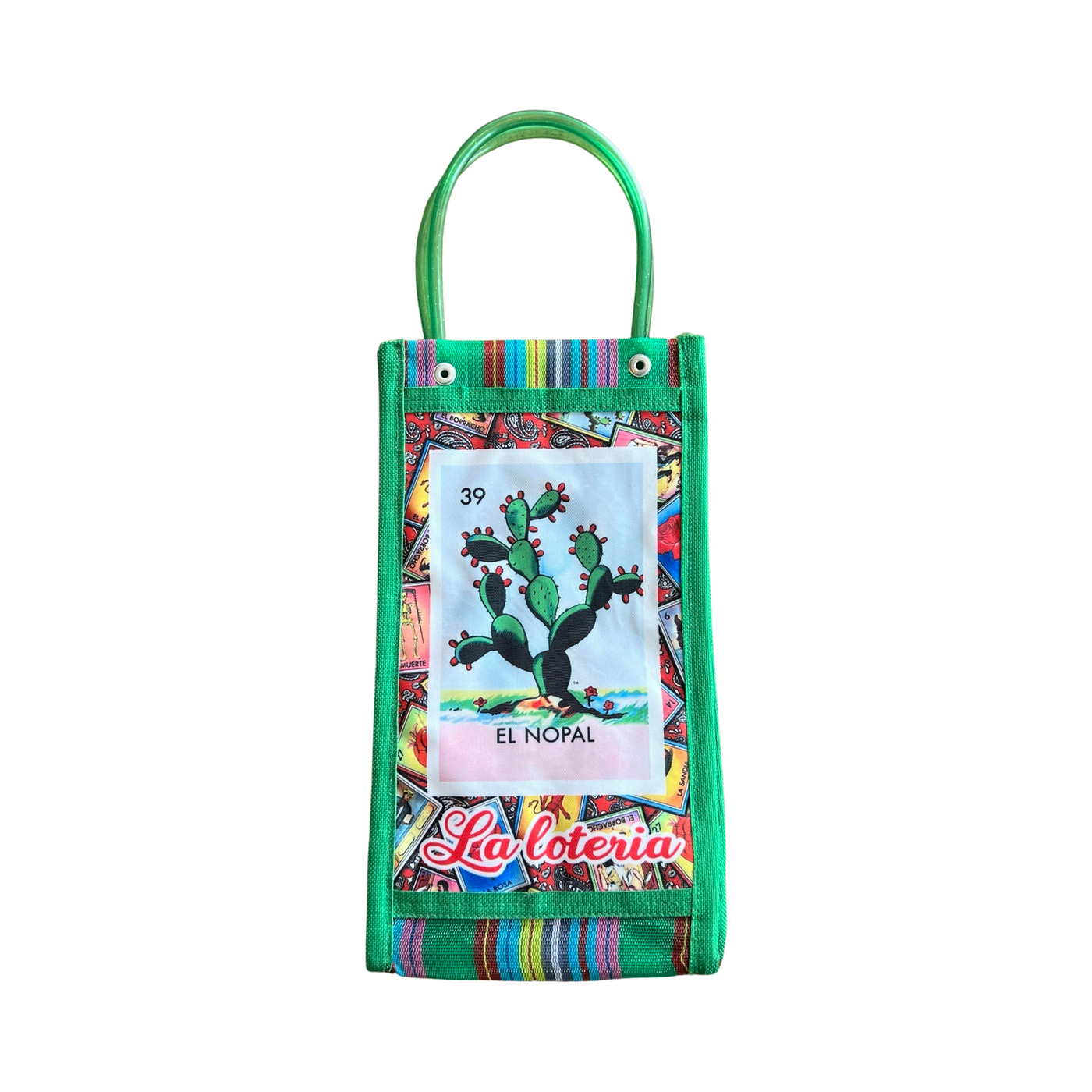 green Mexican mesh market bag with an image of the El Nopal loteria card.