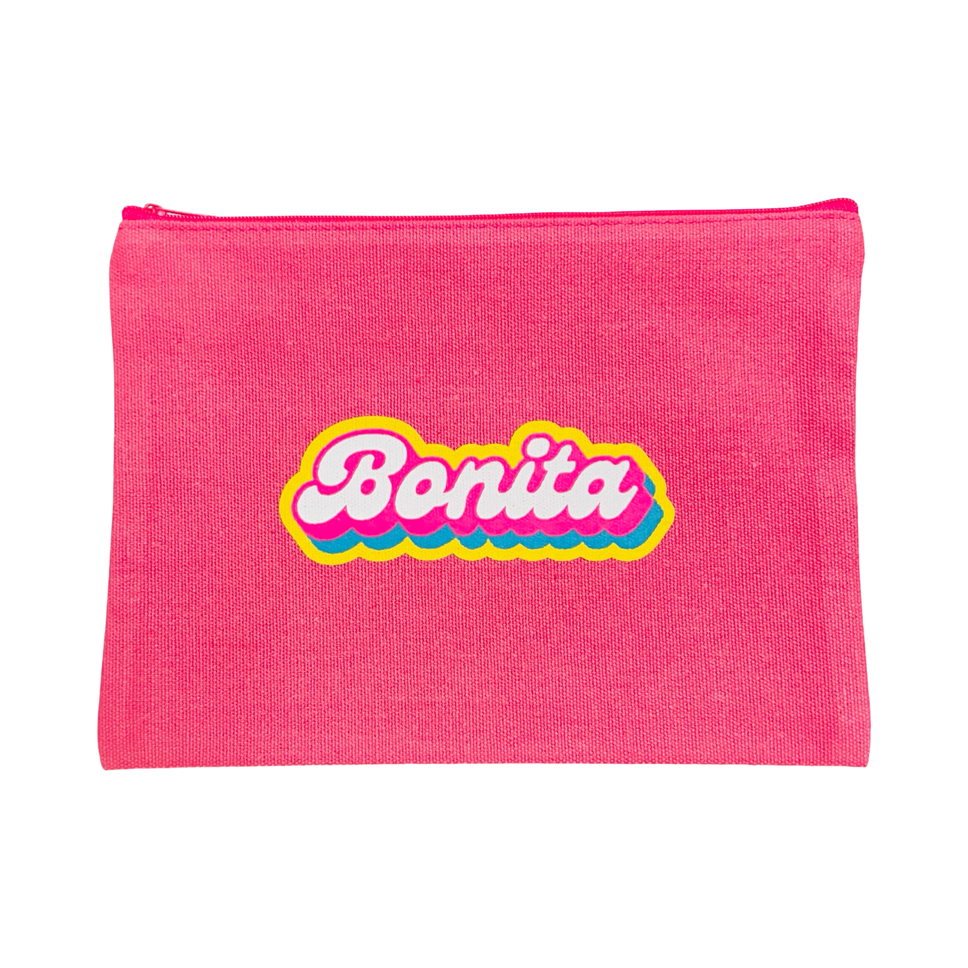 pink canvas zipper pouch with the word Bonita in white, yellow and blue lettering