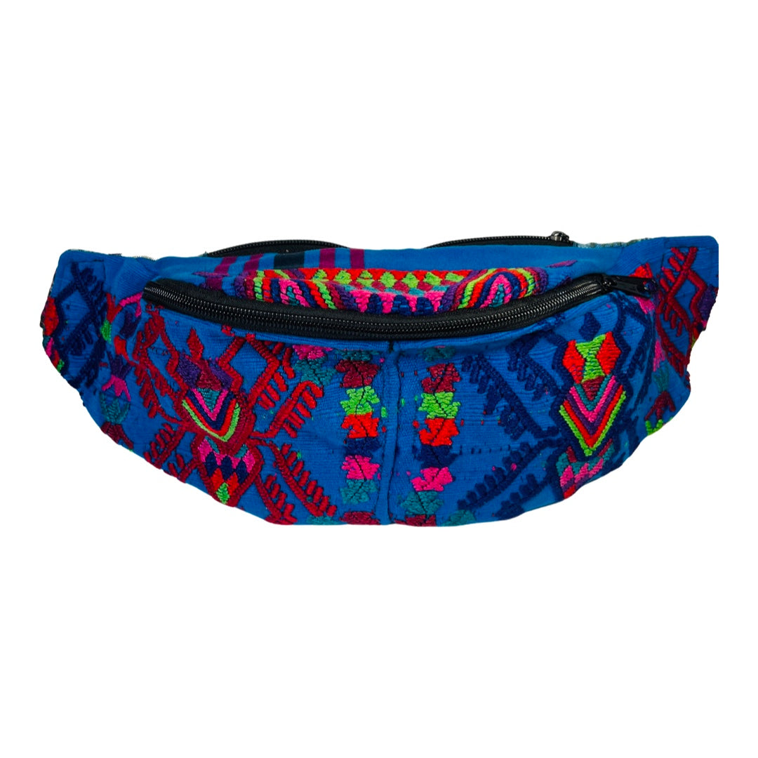 Blue huipile waist pack that features a multi-color design
