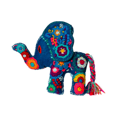 side view of an embroidered blue elephant with colorful flowers