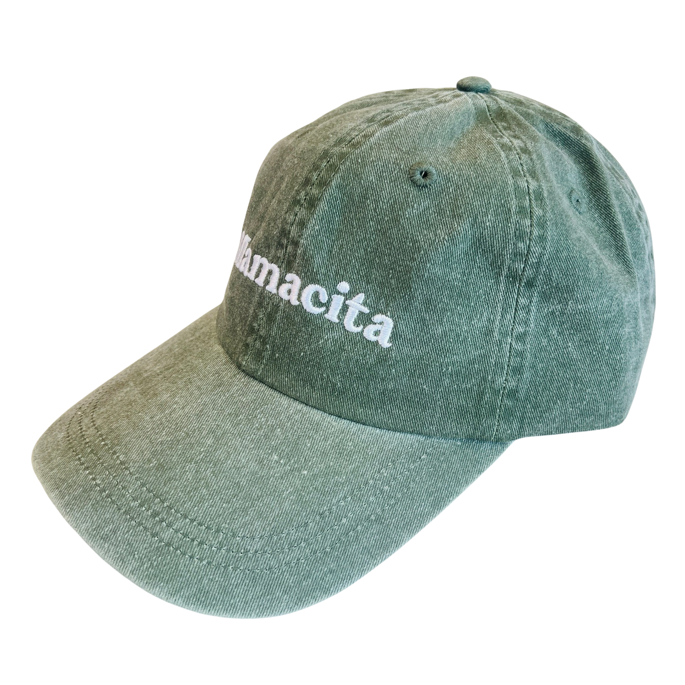 side view of a olive hat with the word Mamacita in white lettering