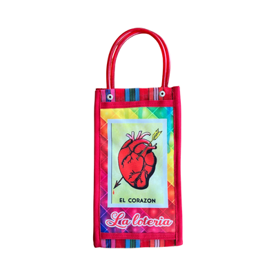 red Mexican mesh market bag with an image of the El Corazon loteria card.