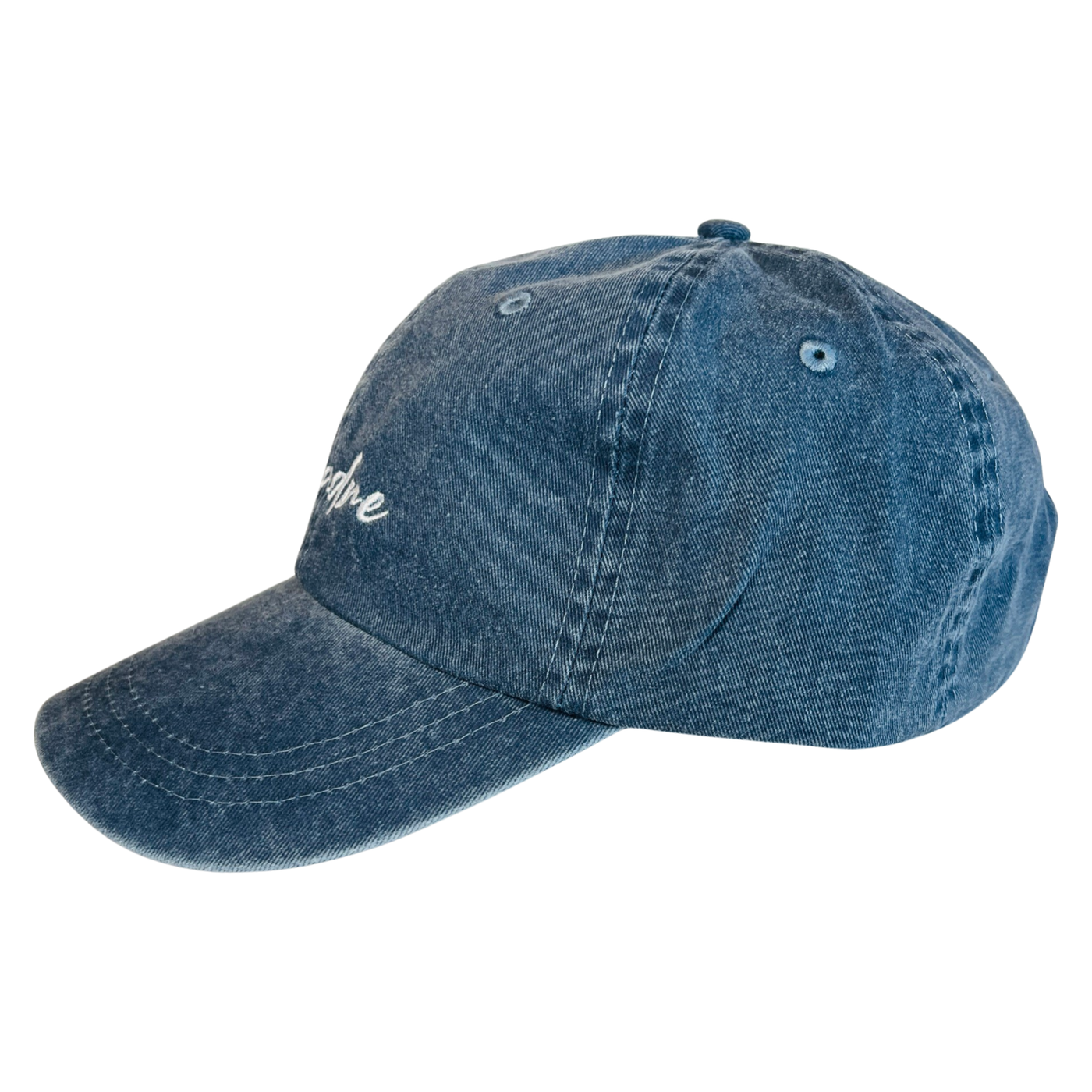side view of a heathered navy blue hat with the word Madre in white lettering
