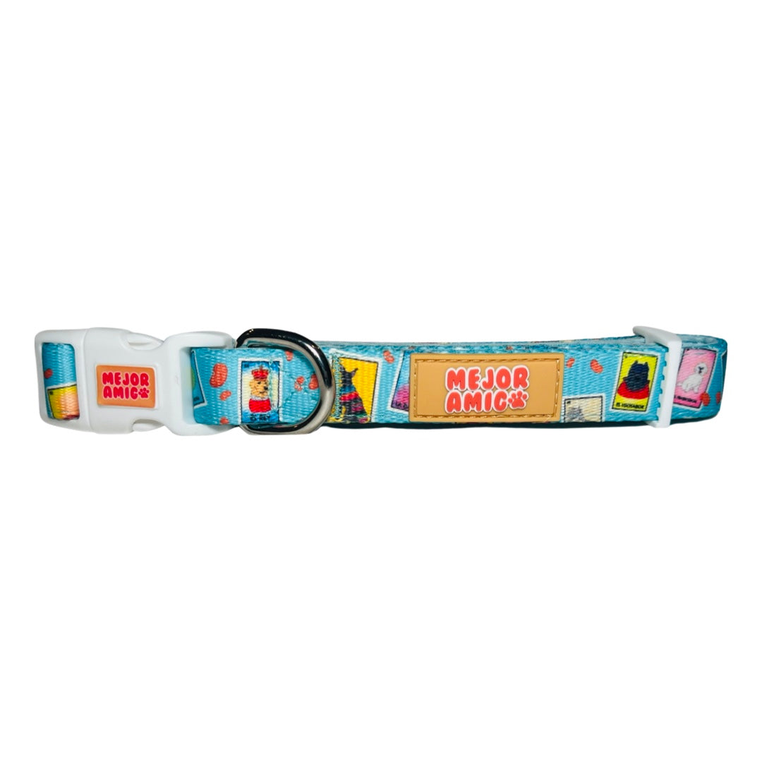 Teal dog collar with a dog themed loteria design, plastic clip and metal D ring