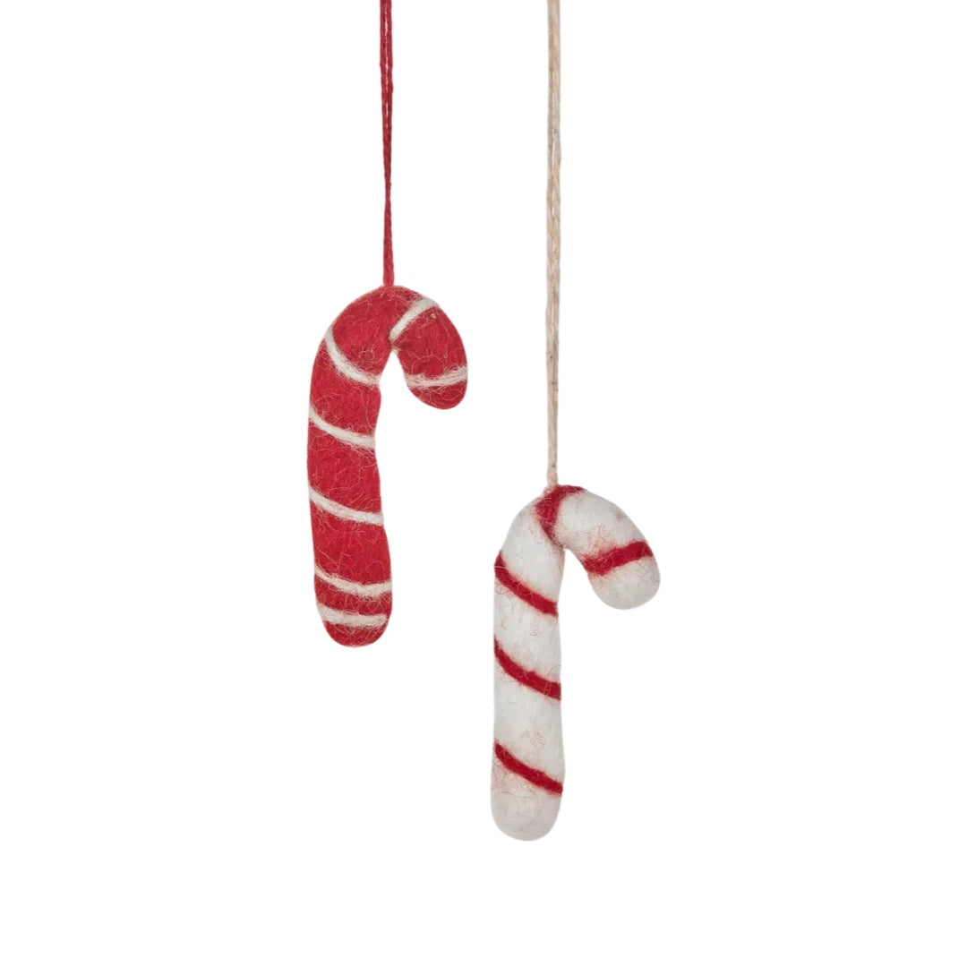 set of two felt red and white candy cane ornaments