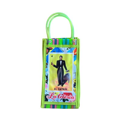 Green Mexican mesh market bag with an image of the El Catrin loteria card.
