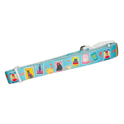 Teal dog collar with a dog themed loteria design