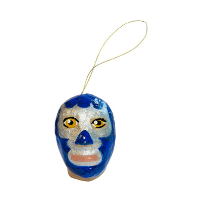 blue paper mache luchador mask with a gold hoop