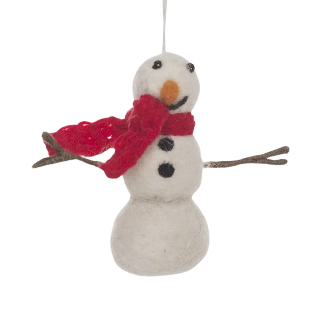 felt snowman ornament with a red scarf