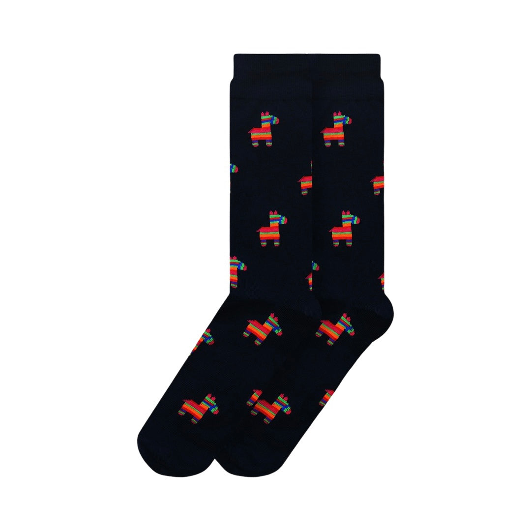 Pair of black socks with multi-colored piñata pattern