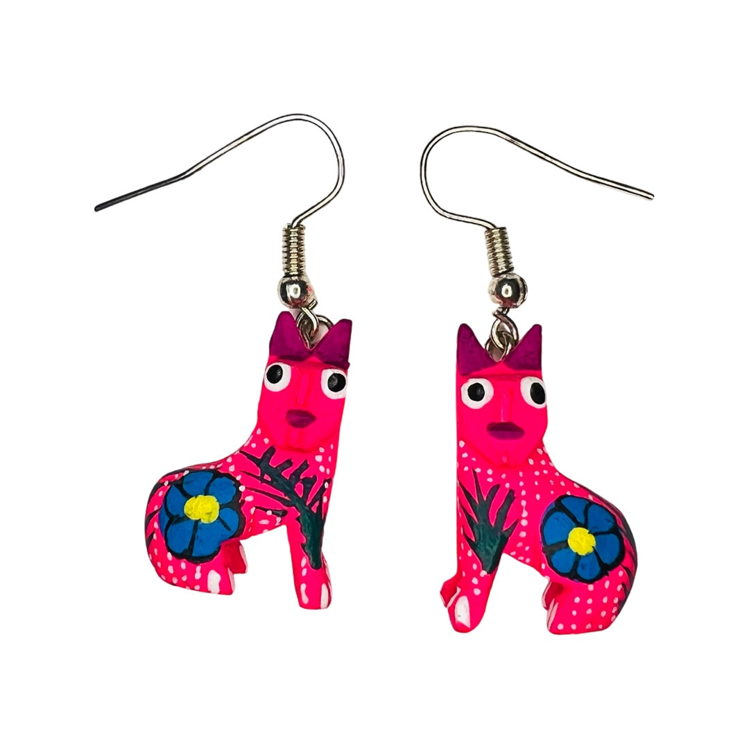 A set of alebrije cat earrings of various colors and design
