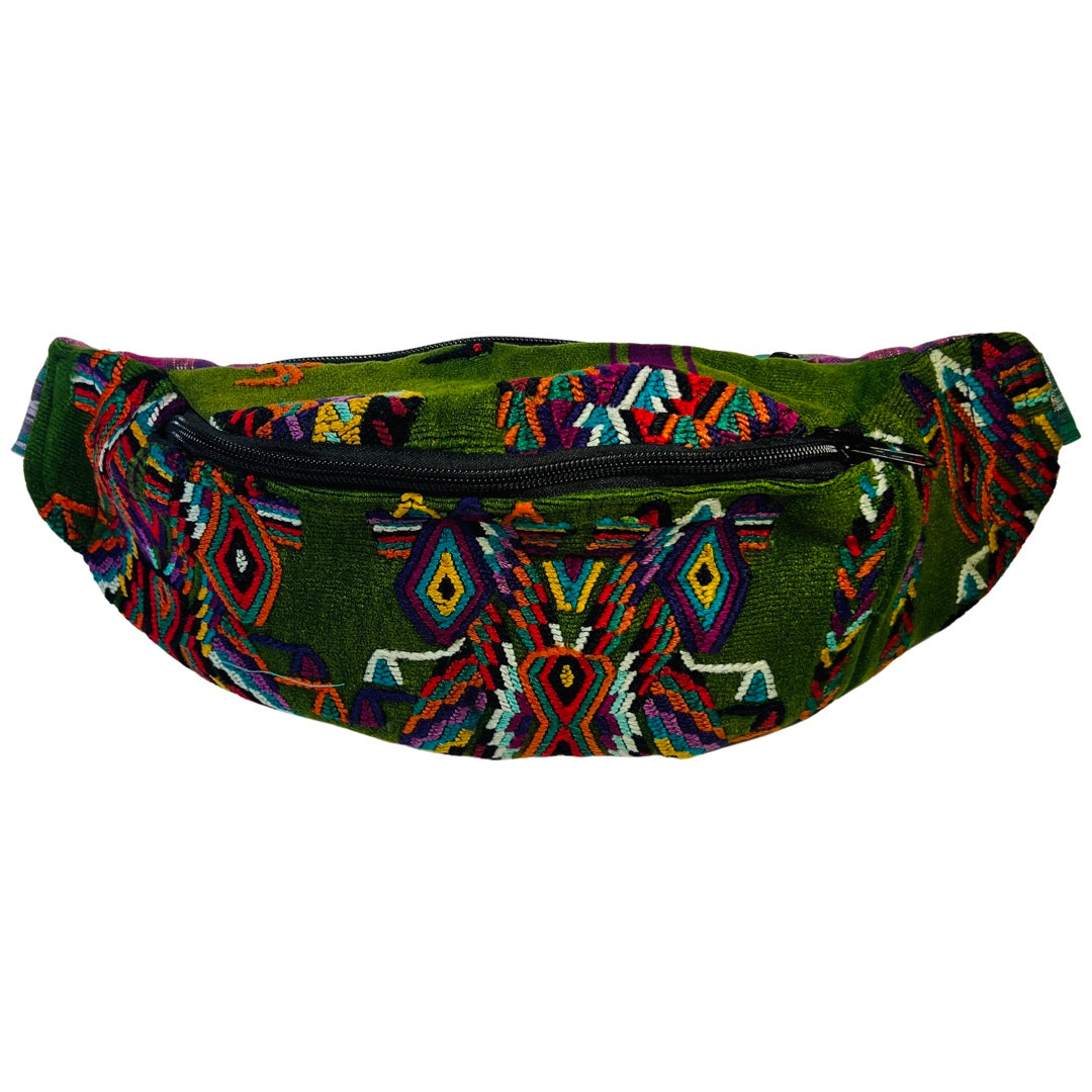 Green huipile waist pack that features a multi-color design