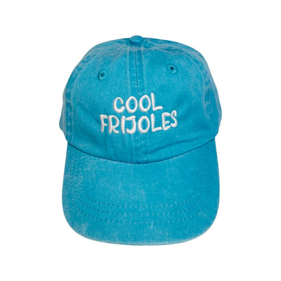 Turquoise kid's hat with the phrase Cool Frijoles in white lettering