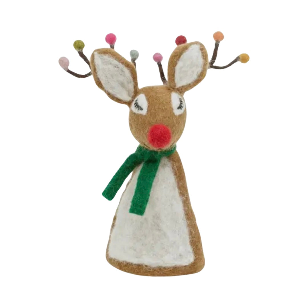 Brown felt Rudolph reindeer With a red nose, green scarf and antlers wrapped in Christmas lights