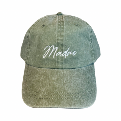 Olive green hat with the word Madre in white lettering