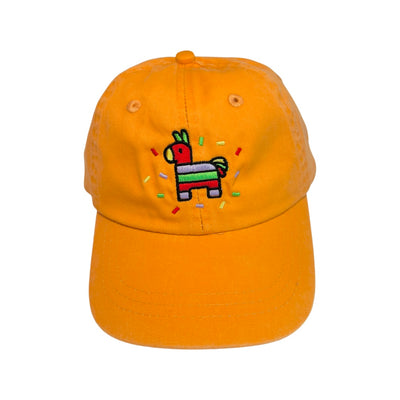 orange kid's hat with an image of a colorful pinata