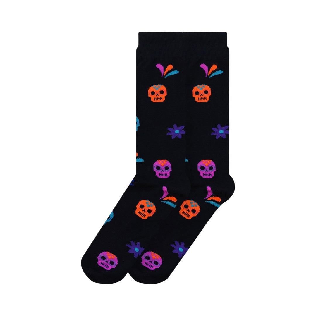 Pair of black socks with a multi-colored sugar skull design