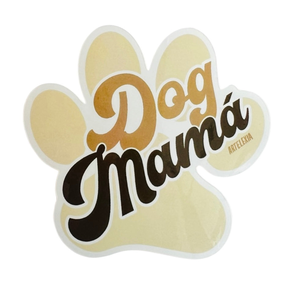 Light beige paw print with the phrase Dog Mama in the center in light and dark brown lettering.