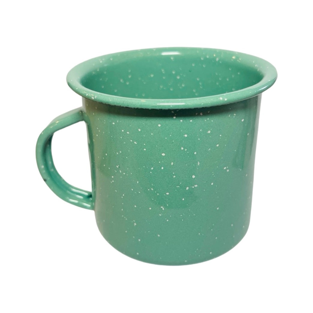 Side view of a sage with white speckles pewter enamel mug.