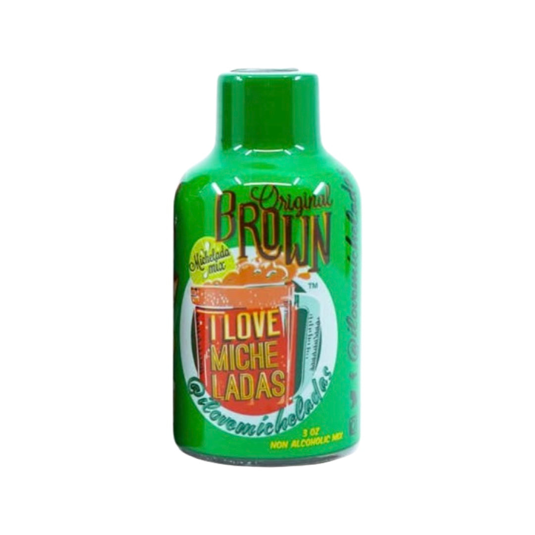 4 oz small bottle of michelada mix wrapped in green branded labeling.