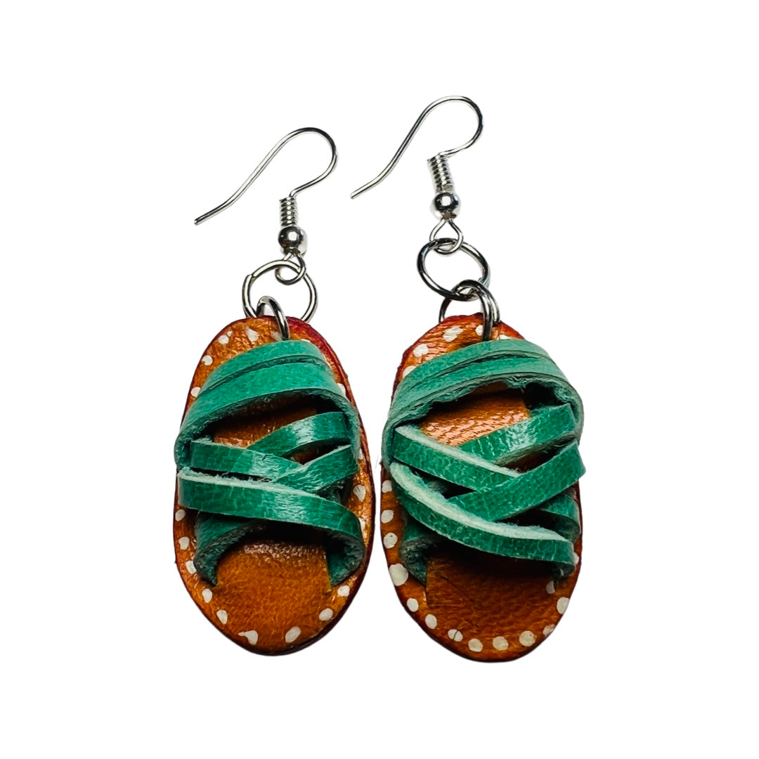 A set of teal leather huaraches (Sandal) earrings.