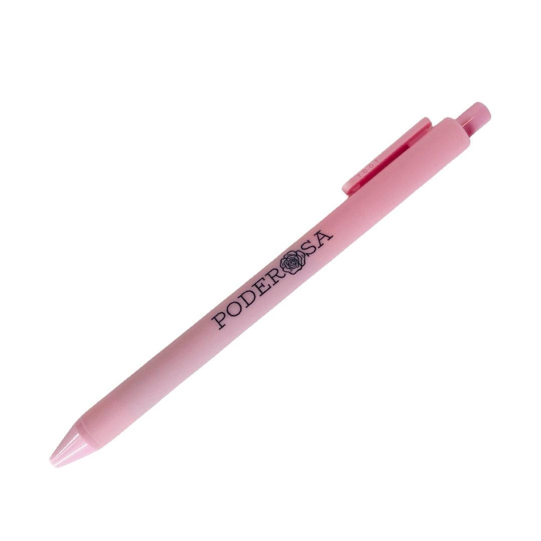 Light pink pen with the word Poderosa in black lettering featuring a rose in place of the second letter "O" in poderosa