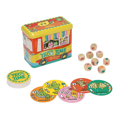 Tin box that is shaped as a taco truck, 8 wooden dices with images of food, and round discs with images of various food items. 