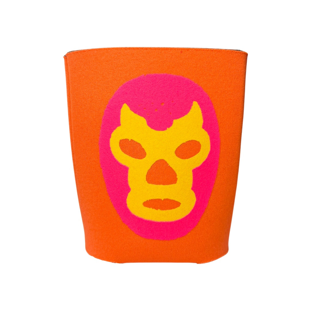 Orange can cooler with a pink and yellow luchadora mask