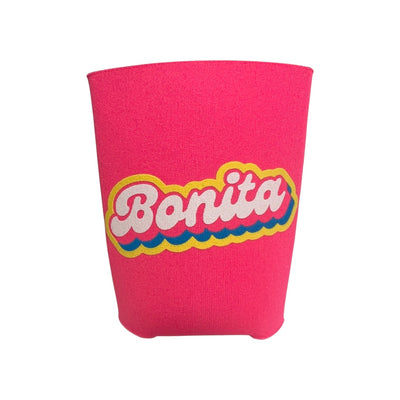 Pink can cooler with the word Bonita in white lettering and outline in yellow, blue and pink