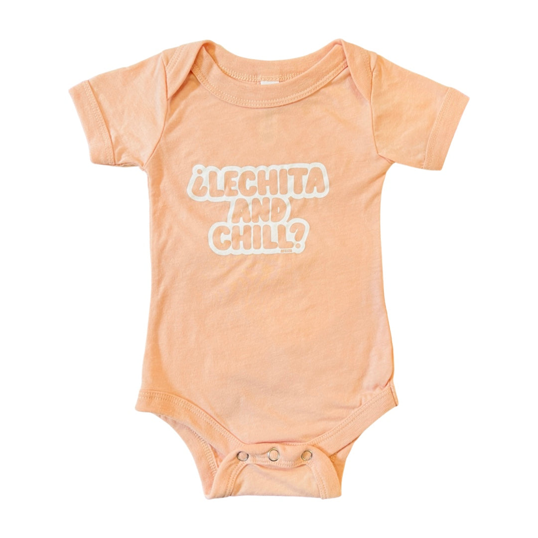 peach onesie with the phrase Lechita and Chill in white lettering