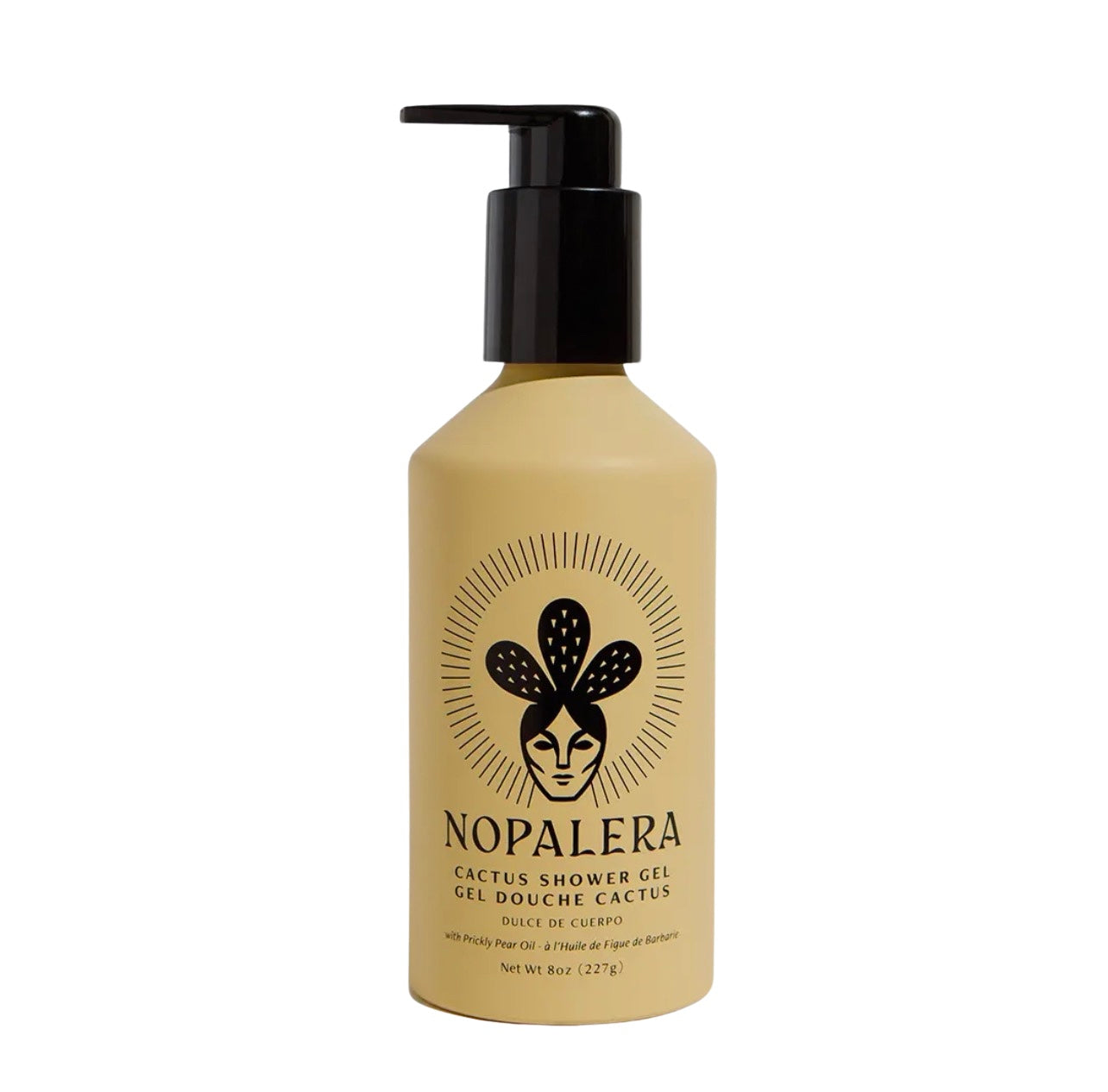 8 oz bottle of cactus shower gel featuring a beige colored bottle with the signature Nopalera logo of a women wearing a cactus crown
