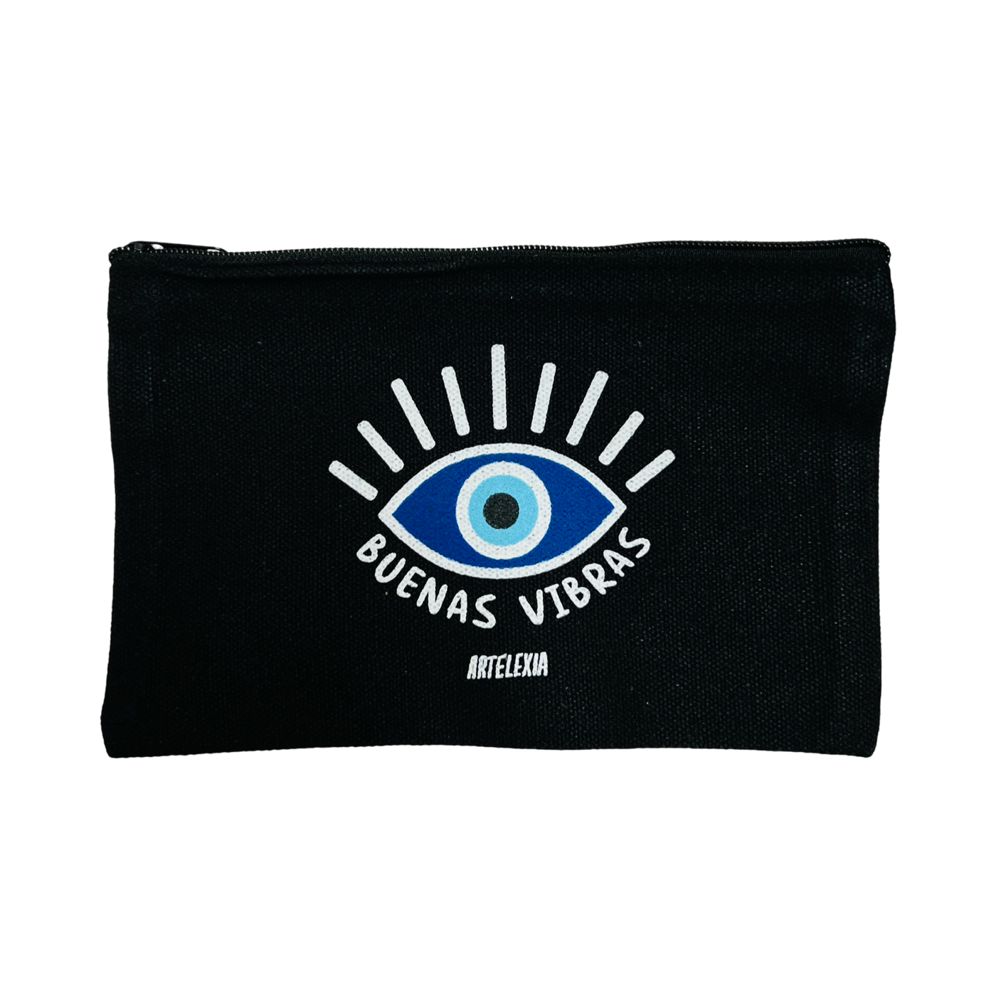 black canvas zip pouch with an image of a blue eye and the phrase buenas vibras in white lettering.