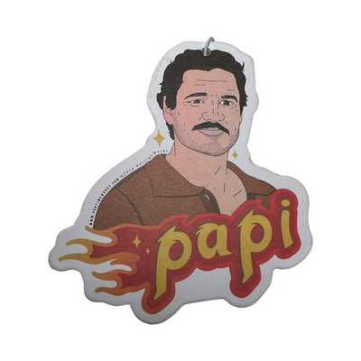 Freshener in the shape of Pedro Pascual wearing a brown shirt and the phrase Papi in yellow lettering with some red and orange flames.