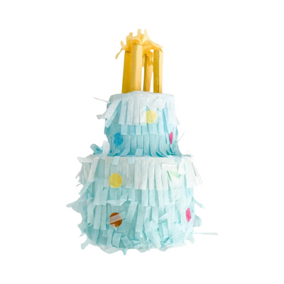 blue two tier birthday cake piñata with yellow candles