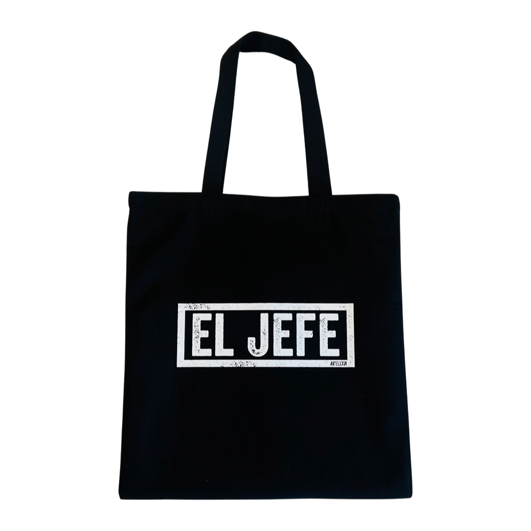 black tote bag with the phrase El Jefe in white lettering