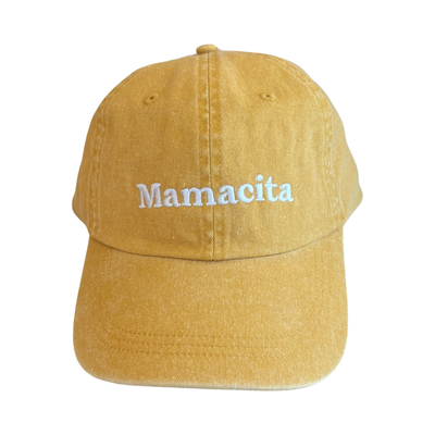 mustard hat with the word Mamacita in white lettering