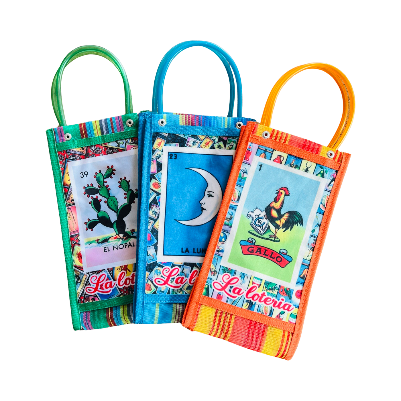 a trio of Mexican mesh market bags in the colors green, blue and orange with an image of El Nopal, La Luna and Gallo.