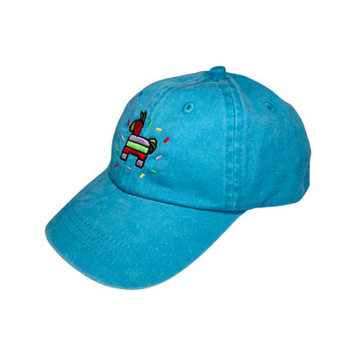 side view of turquoise kid's hat with an image of a colorful pinata