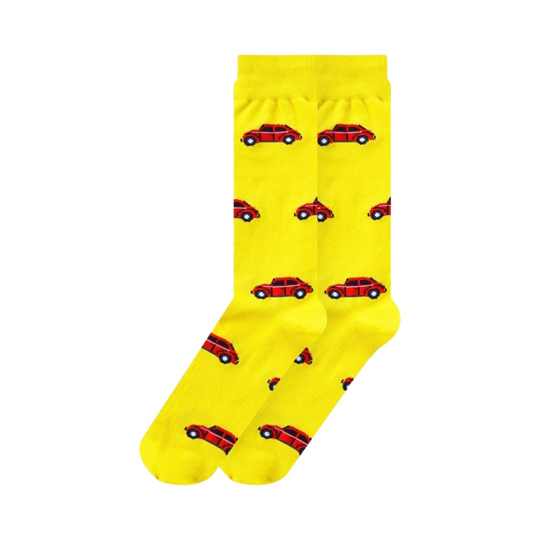 Pair of yellow socks with a red VW bug pattern