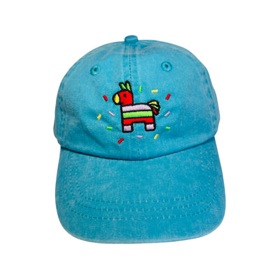 turquoise kid's hat with an image of a colorful pinata
